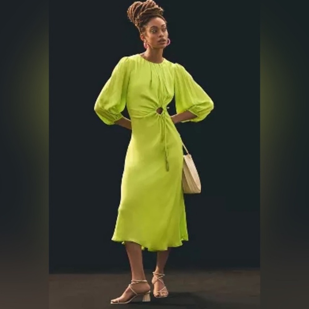 Farm rio Lime Green Midi Dress with Puff Sleeves